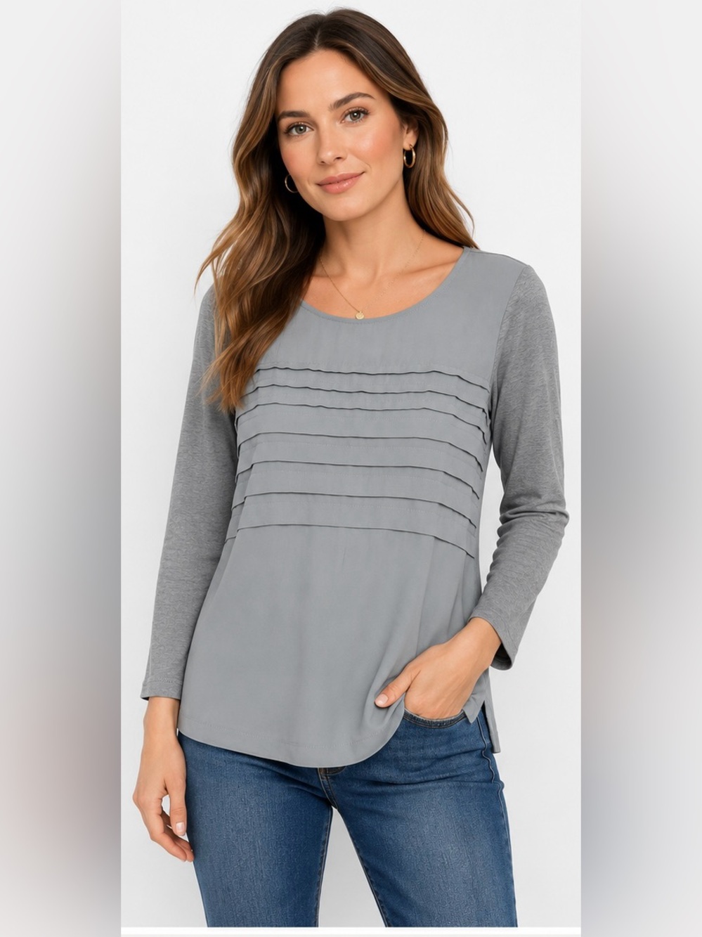 LOFT Outlet XS Gray Layered Pleated Front Long Sleeve Top